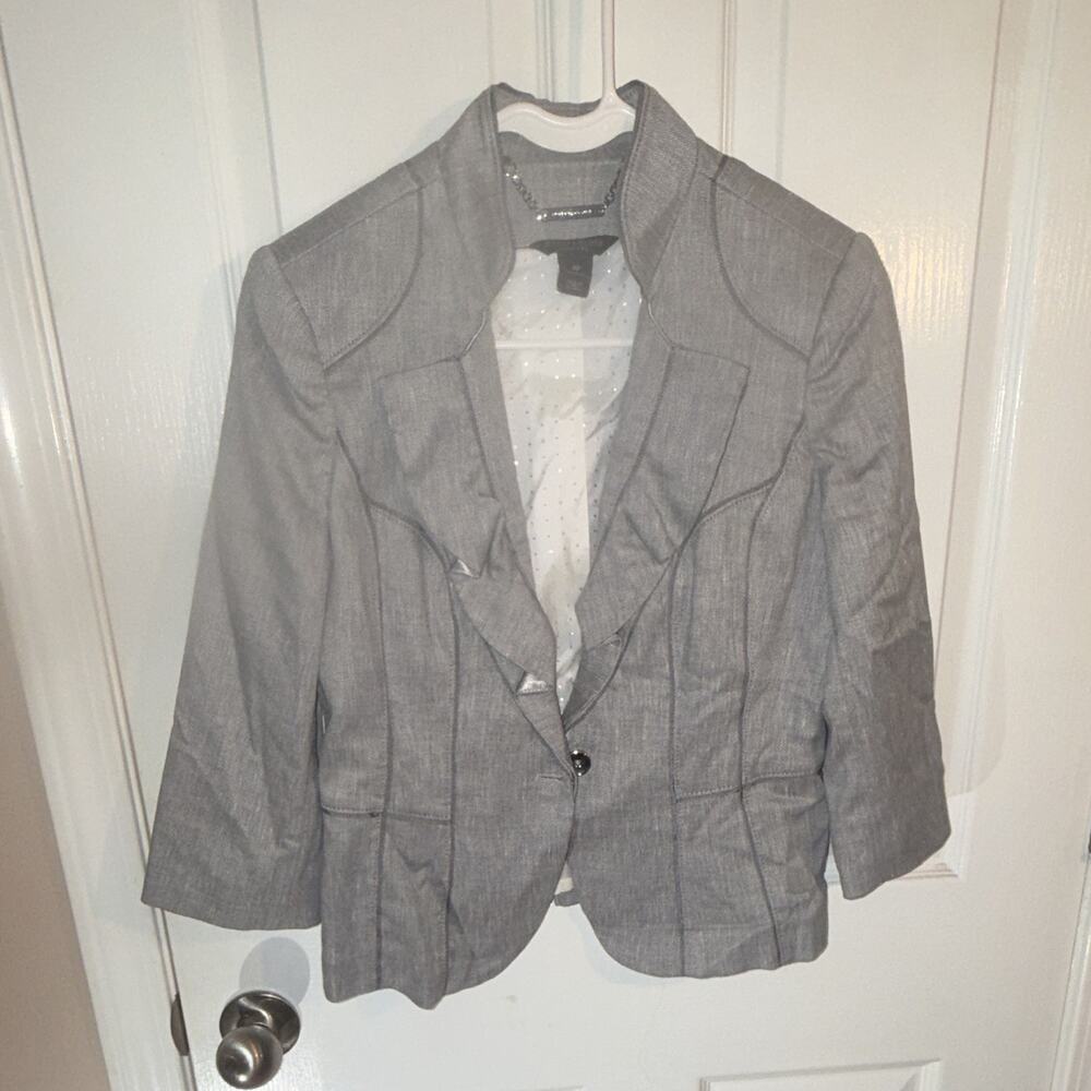 White House Black Market Petite 8P Gray Blazer Jacket Lined Button 3/4 Sleeve